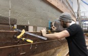 Sheer planks refastened, hanging repaired (edged) planks